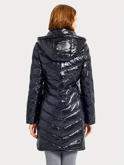 Ultra-Warm Women's Quilted Long Down Coat - Shiny Hooded Puffer Jacket with Water-Resistant Fabric, Adjustable cuffs, and Faux Fur Trim - Perfect for Cold Winter Days and Outdoor Activities