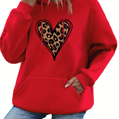 Women's Heart Print Kangaroo Pocket Casual Hoodie - Long Sleeve Drawstring Sweatshirt with Relaxed Fit, Soft Fabric, and Cozy Design for Everyday Wear