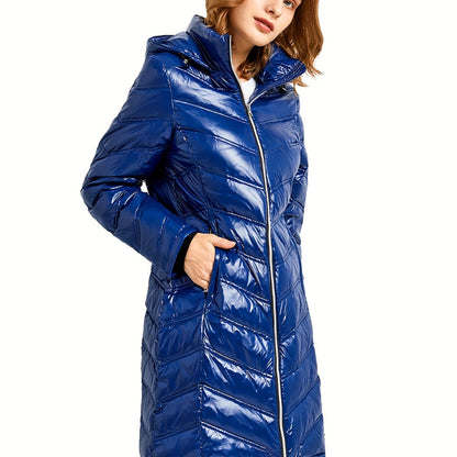 Ultra-Warm Women's Quilted Long Down Coat - Shiny Hooded Puffer Jacket with Water-Resistant Fabric, Adjustable cuffs, and Faux Fur Trim - Perfect for Cold Winter Days and Outdoor Activities