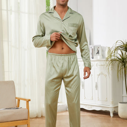 Men's Simple Style Casual Solid Pajamas Sets, Button Down Long Sleeve Lapel Top & Loose Pants Lounge Wear, Outdoor Sets For Summer