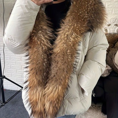 Plus Size Luxurious Fur Trim Hooded Down Jacket - Water-Resistant, Ultra-Warm, and Lightweight - Casual Long Sleeve Zipper Jacket for Winter, Women's Plus Size Clothing for Cold Weather