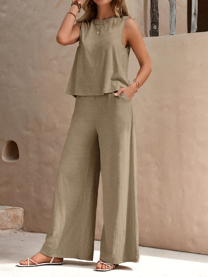 SENGPA Solid Elegant Two-piece Set, Sleeveless Tank Top & Wide Leg Loose Pants Outfits, Women's Clothing