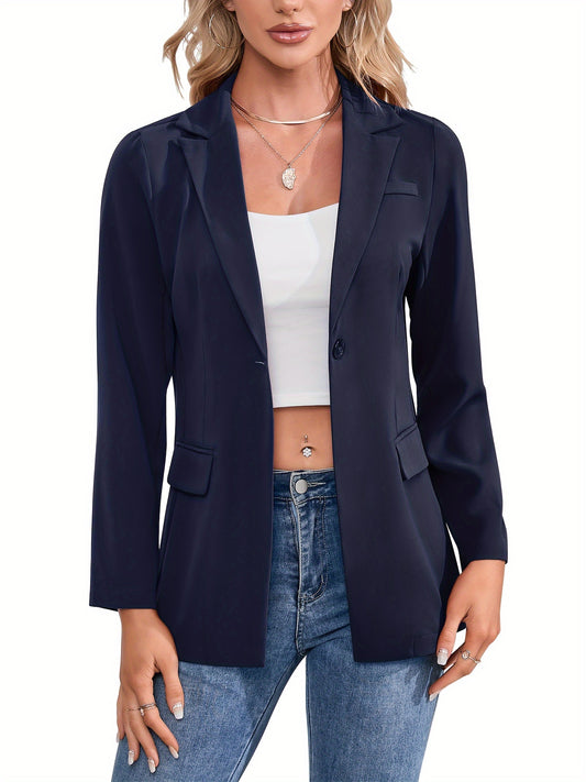 Solid Simple Button Front Blazer, Versatile Lapel Long Sleeve Blazer For Office & Work, Women's Clothing