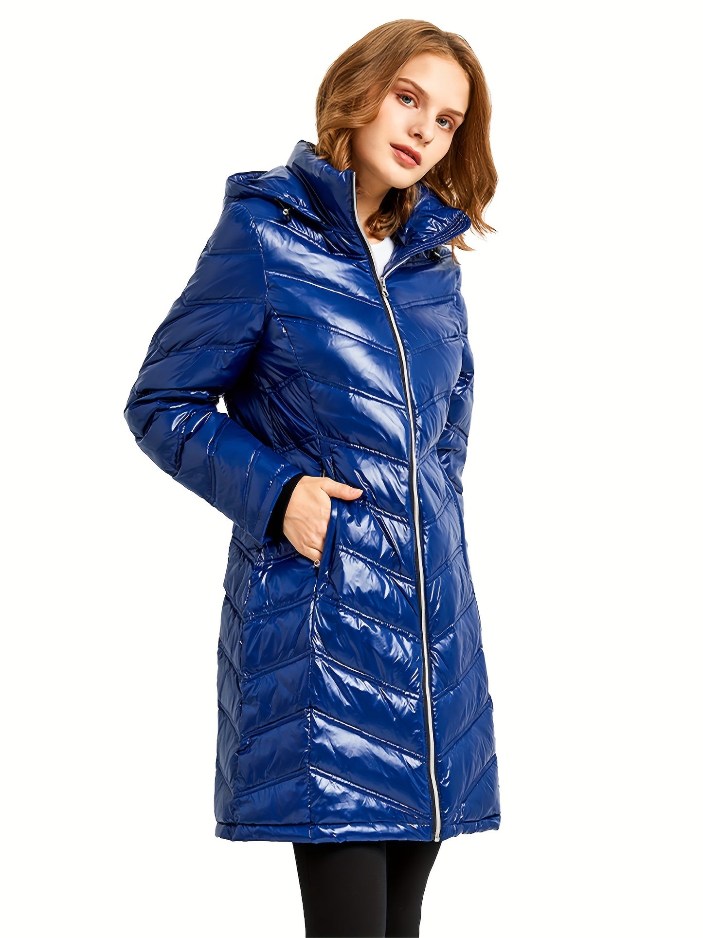 Ultra-Warm Women's Quilted Long Down Coat - Shiny Hooded Puffer Jacket with Water-Resistant Fabric, Adjustable cuffs, and Faux Fur Trim - Perfect for Cold Winter Days and Outdoor Activities