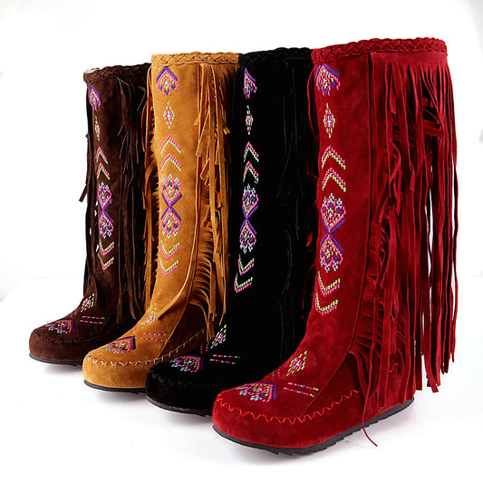 Embroidered Tassel Boots Brushed Velvet High Low Heel Leisure Boots Foreign Trade Boots  Wish