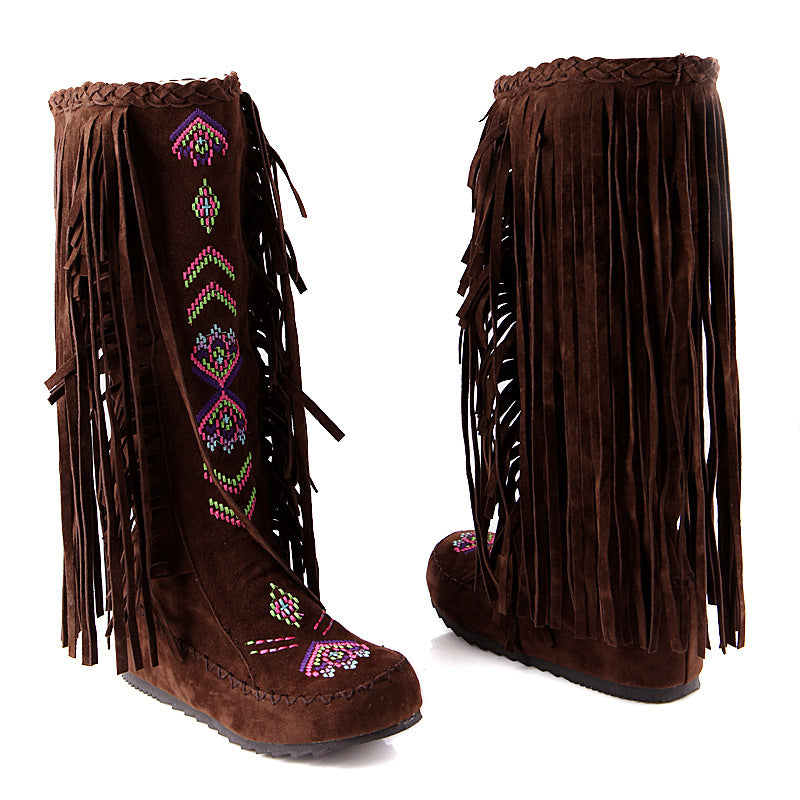 Embroidered Tassel Boots Brushed Velvet High Low Heel Leisure Boots Foreign Trade Boots  Wish