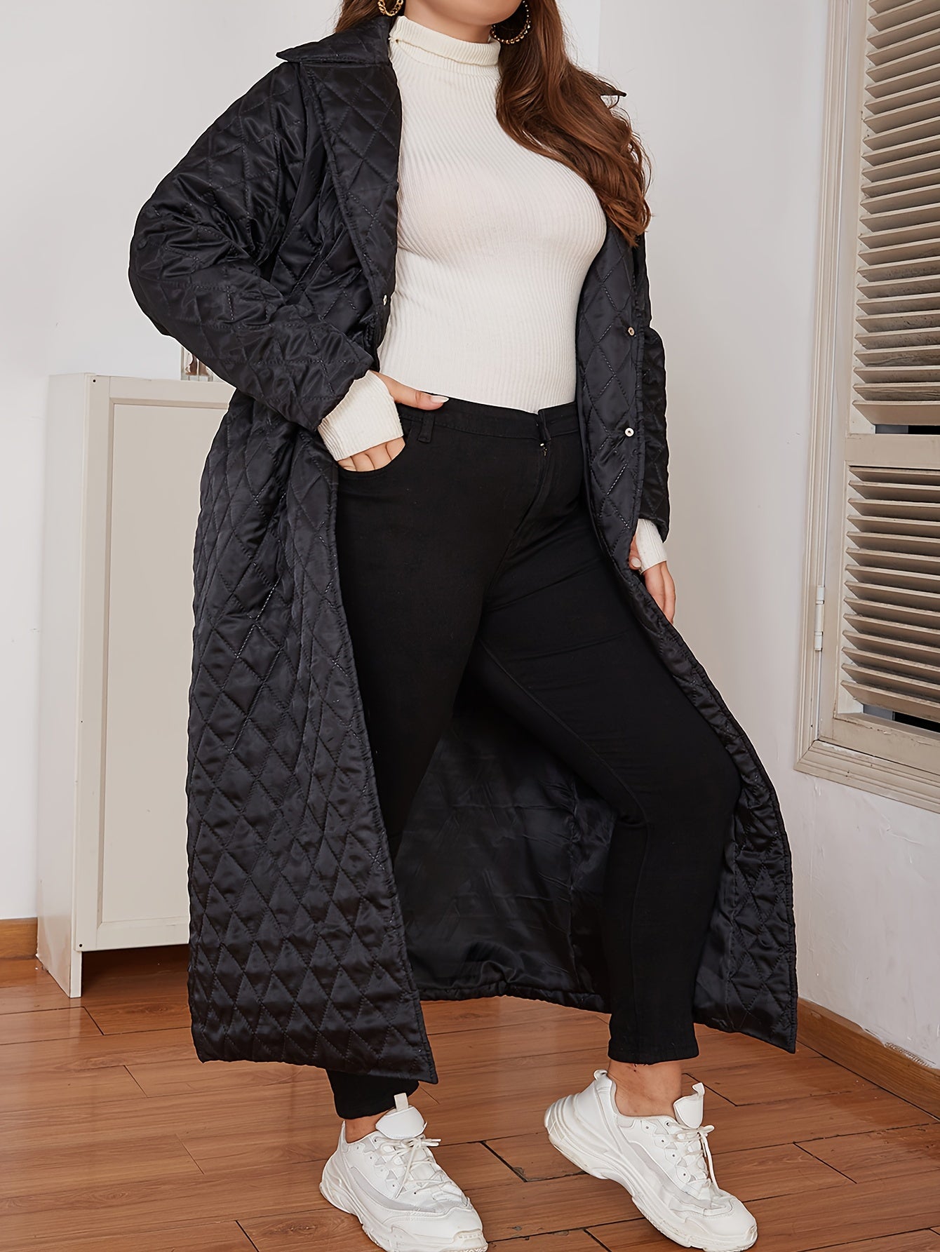 Plus Size Womens Charming Quilted Puffer Coat - Stylish Lapel Collar & Longline Design - Solid Color, Button-Up, Warm Winter Wear - Perfect for Casual Days, Sizes Above Regular