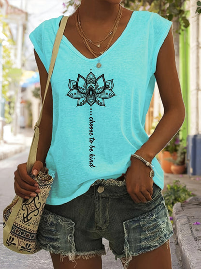 Lotus Print V Neck Tank Top, Cap Sleeve Casual Top For Summer & Spring, Women's Clothing