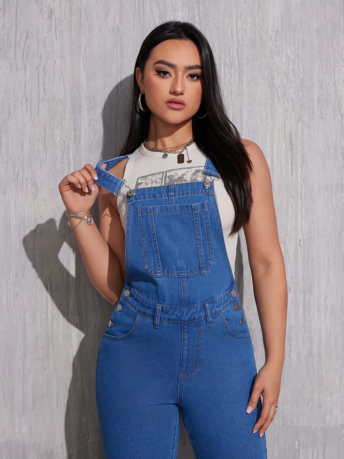 Classic Plain Washed Blue Denim Overalls, Adjustable Strap Casual Patch Pocket Straight Leg Denim Jumpsuit, Women's Denim Jeans & Clothing