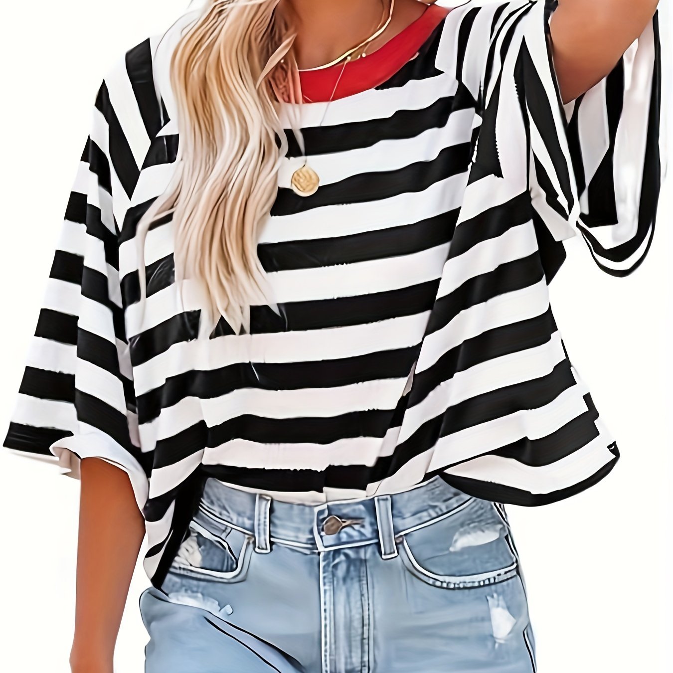 Short Sleeve Striped Raglan T-Shirt - Loose Fit, Medium Stretch, Crew Neck, Half Sleeve, Summer Fashion - Machine Washable, Polyester Knit Fabric, Y2K Style, Random Printing