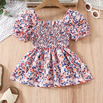 Spring Chic Floral Peplum Blouse for Girls - Elegant Puff Sleeve & Square Neck Top, Easy-care