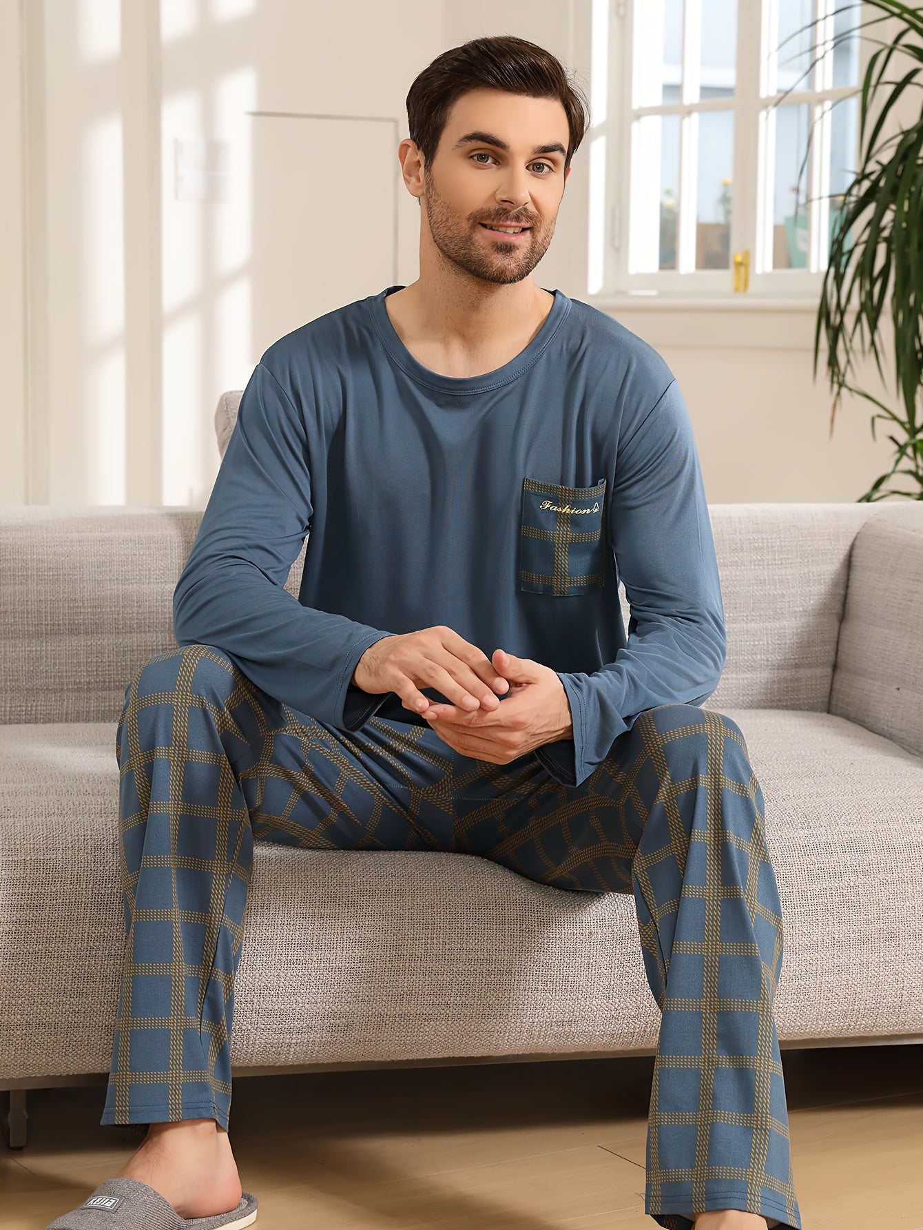 Men's Cozy Plaid Pajama Set - Long Sleeve & Pants, Round Neck Pullover, Casual Loungewear for Spring/Fall, Machine Washable