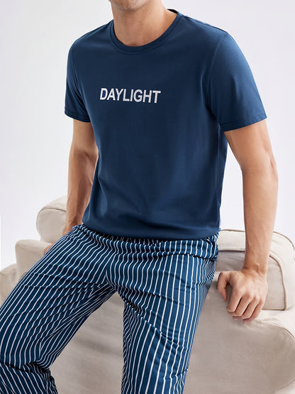 Men's Casual Crew Neck Short Sleeve Pajama Set with Striped Pants, 100% Polyester Knit Fabric, Slight Stretch, All Season Comfort Sleepwear Set