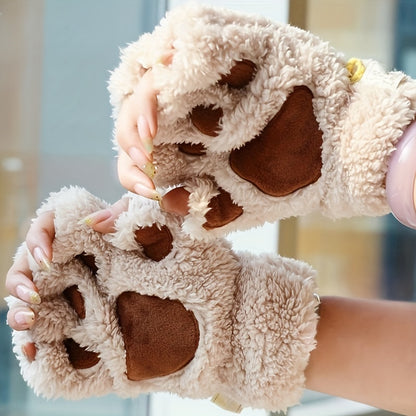 Cute Cat Claw Plush Gloves Stylish Thick Warm Half Finger Gloves Autumn Winter Soft Cozy Fuzzy Gloves