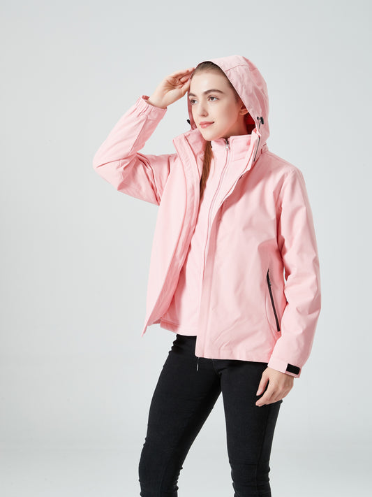 3-in-1 Thermal Waterproof Windbreaker Jacket for Women - Hooded, Zipper, Non-Stretch Polyester with Inner Fleece for Ultimate Comfort and Protection - Hand Wash, Solid Color, Regular Length, Sports Style for Winter Season