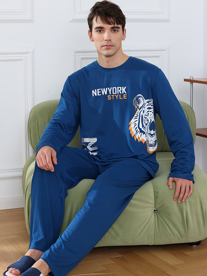 Men's Comfy Casual Home Pajamas Set, Fashion Letter And Tiger Graphic Print Long Sleeve Sweatshirt & Loose Pants For Spring Autumn Winter