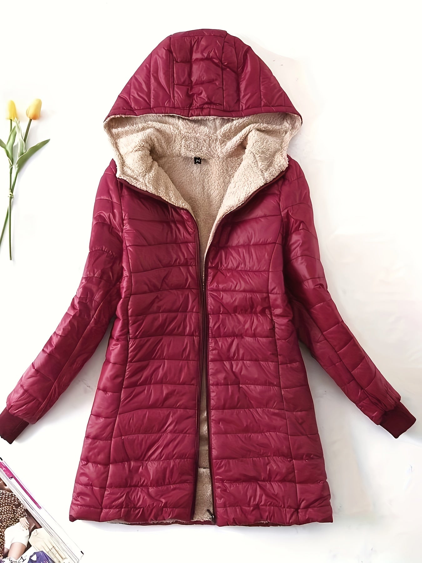 Womens Cozy Hooded Fleece Padded Jacket - Mid-thigh Slim Fit, Insulated for Warmth, Solid Color Casual Winter Coat - Perfect for Outdoor & Everyday Wear, Stylish Activewear