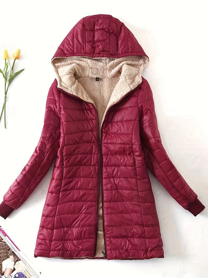 Womens Cozy Hooded Fleece Padded Jacket - Mid-thigh Slim Fit, Insulated for Warmth, Solid Color Casual Winter Coat - Perfect for Outdoor & Everyday Wear, Stylish Activewear