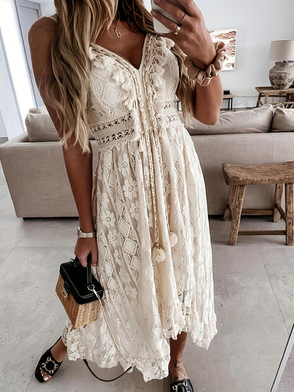 Flowy V-Neck Lace Trim Maxi Sundress - Bohemian Spaghetti Straps - Beach & Vacation Attire for Women