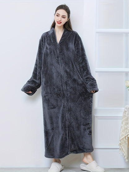 Cozy Longline Flannel Night Robe - Women's Sleepwear, Soft Thickened Casual Long Sleeve Zipper V Neck Sleep Robe for Cold Winter Nights, Plush Comfortable Loungewear for Relaxation