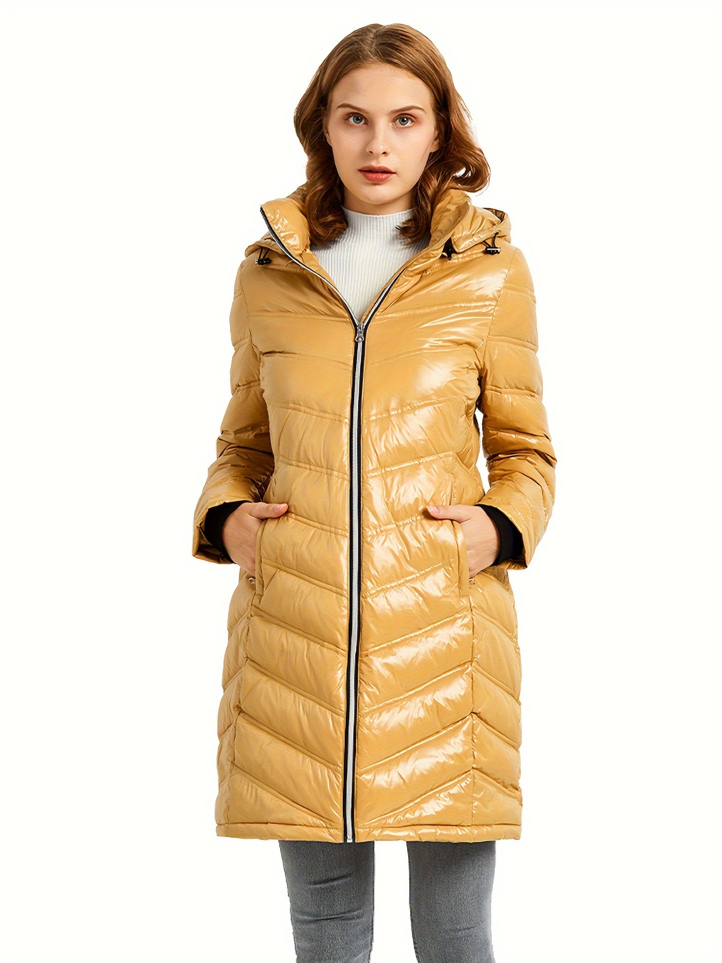 Ultra-Warm Women's Quilted Long Down Coat - Shiny Hooded Puffer Jacket with Water-Resistant Fabric, Adjustable cuffs, and Faux Fur Trim - Perfect for Cold Winter Days and Outdoor Activities