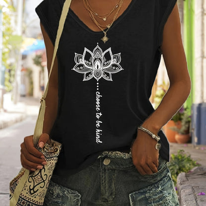 Lotus Print V Neck Tank Top, Cap Sleeve Casual Top For Summer & Spring, Women's Clothing