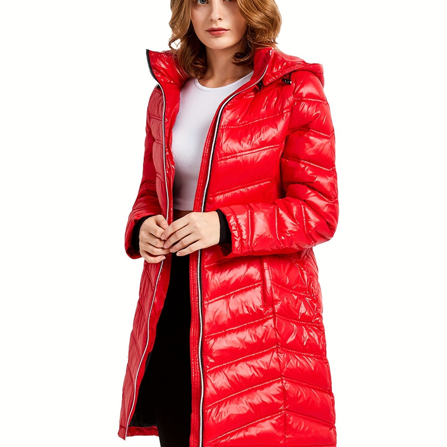 Ultra-Warm Women's Quilted Long Down Coat - Shiny Hooded Puffer Jacket with Water-Resistant Fabric, Adjustable cuffs, and Faux Fur Trim - Perfect for Cold Winter Days and Outdoor Activities