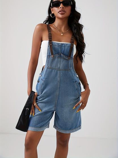 Blue Denim Jumpsuit with Bold Contrast Straps - Distressed Ripped Holes, Non-Stretch Romper - Fashionable Womens Clothing, Trendy Denim Statement