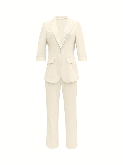 Two-Piece Slim Matching Set - Elegant Lapel Collar Blazer with Fake Pockets and Straight Leg Pants - Micro Elastic Polyester Fabric, Machine Washable, Solid Color, Spring/Fall Season, Woven Construction