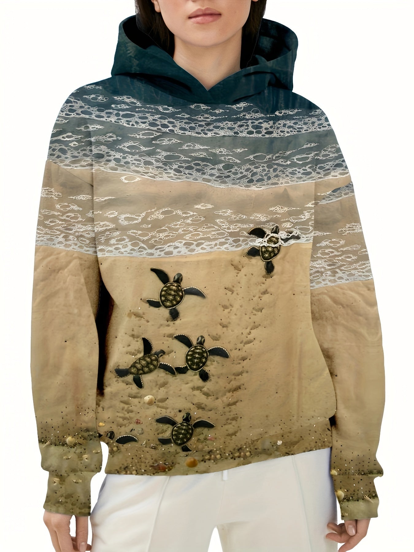 Turtle Beach Print Womens Hoodie - Stylish Casual Long Sleeve Sweatshirt with Artistic Graphic - Comfortable All-Season Wear - Soft & Relaxed Fit