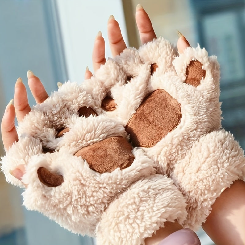 Cute Cat Claw Plush Gloves Stylish Thick Warm Half Finger Gloves Autumn Winter Soft Cozy Fuzzy Gloves