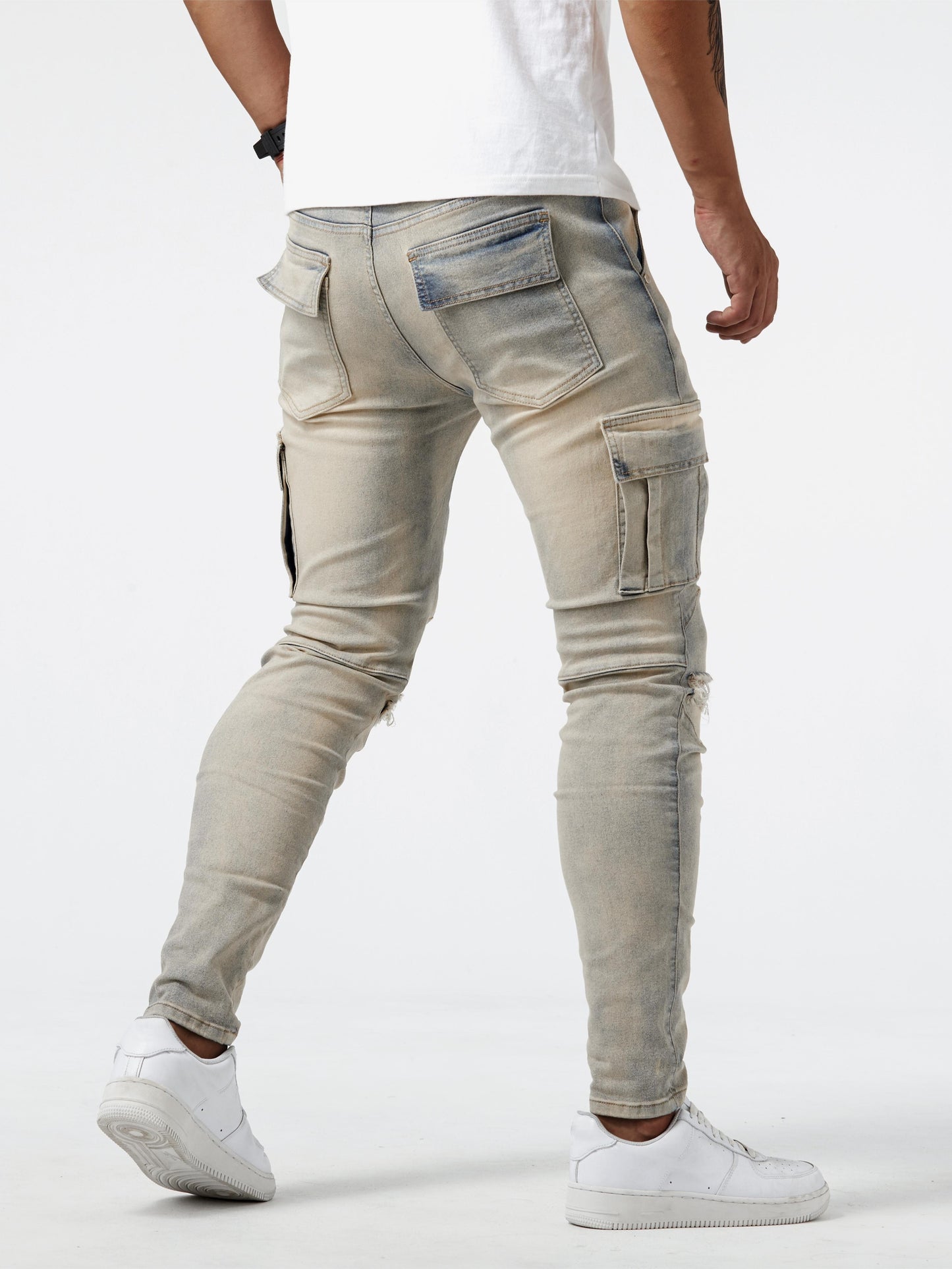 Men's Slim Fit Cargo Jeans - High Stretch Denim Pants with Multiple Pockets for Casual Street Style in Spring and Summer