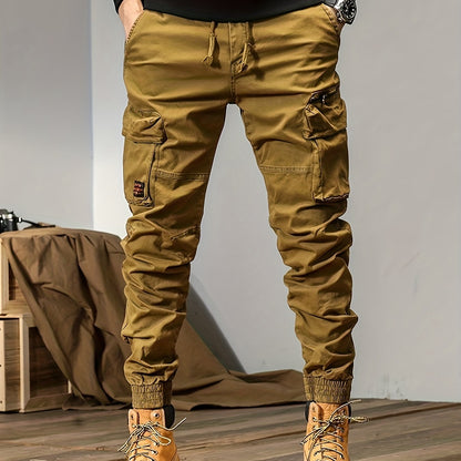 Regular Fit Solid Cotton Blend Cargo Pants - Multi Flap Pocket, Button Fly, Slight Stretch, Loose Casual Style - Ideal for Outdoor Work, Streetwear, and Hip Hop Fashion