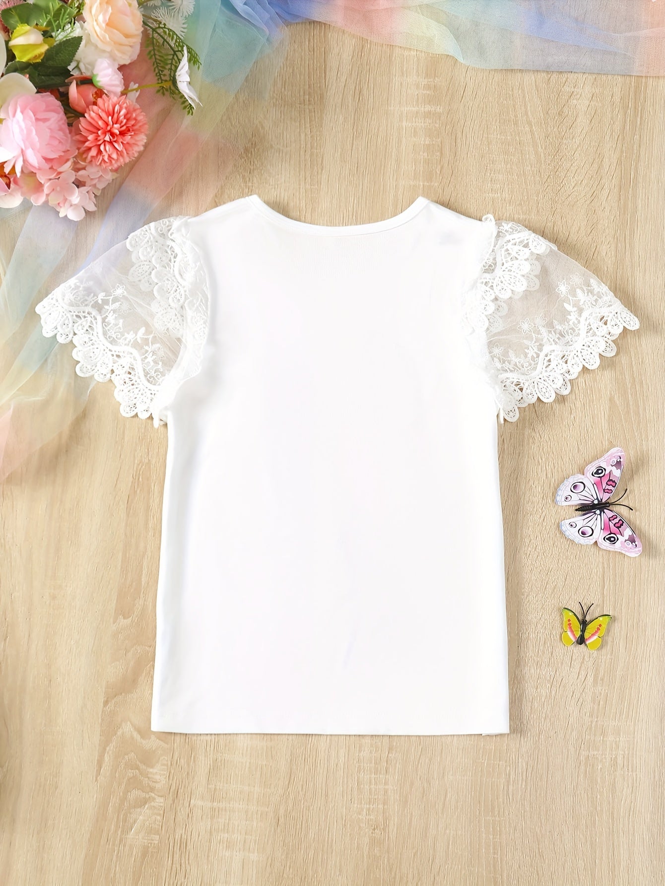 Girls Relaxed Fit Lace Patchwork Short Sleeve Pullover Blouse - Delicate Details, Easy Wear, Perfect for Casual Occasions and Young Girls