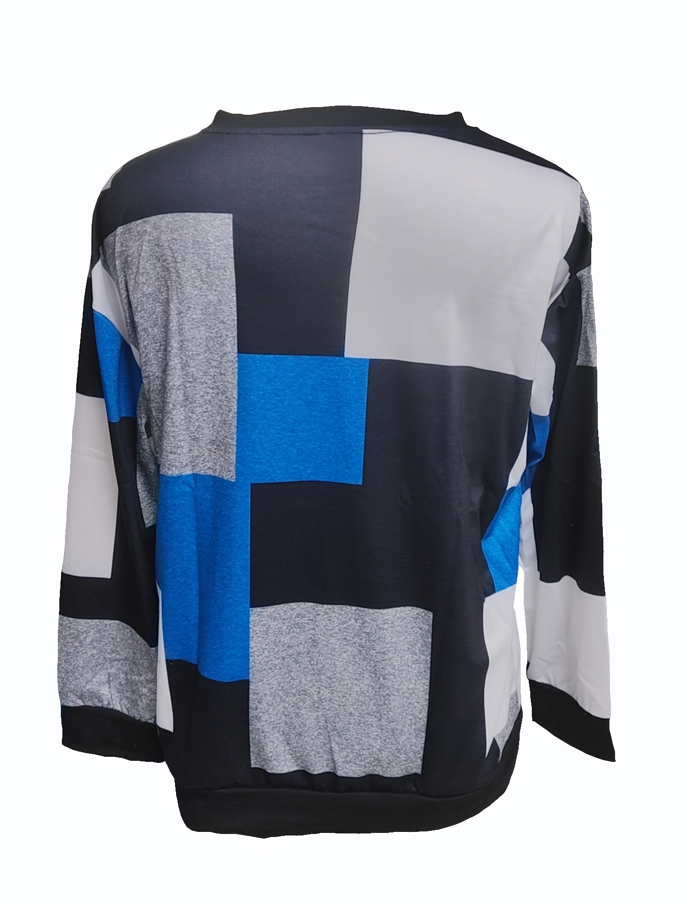 Vibrant Geo Print Color Block Crew Neck Pullover Sweatshirt - Soft Micro Elasticity Polyester Fabric, Machine Washable, Casual Long Sleeve Top for Spring & Fall - Womens Knit Clothing for All Seasons