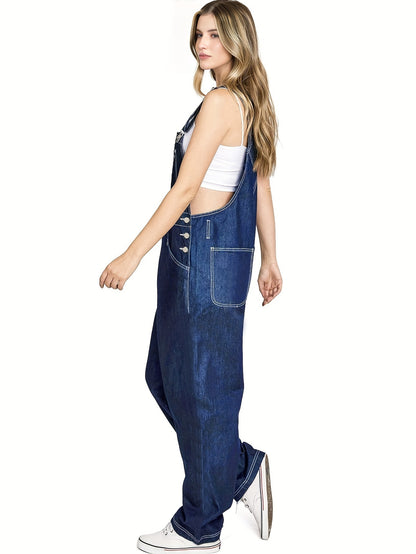 Women's Adjustable-Strap Denim Overalls - Comfy Loose Fit with Patch Pockets & Contrast Stitching, Casual Everyday Wear