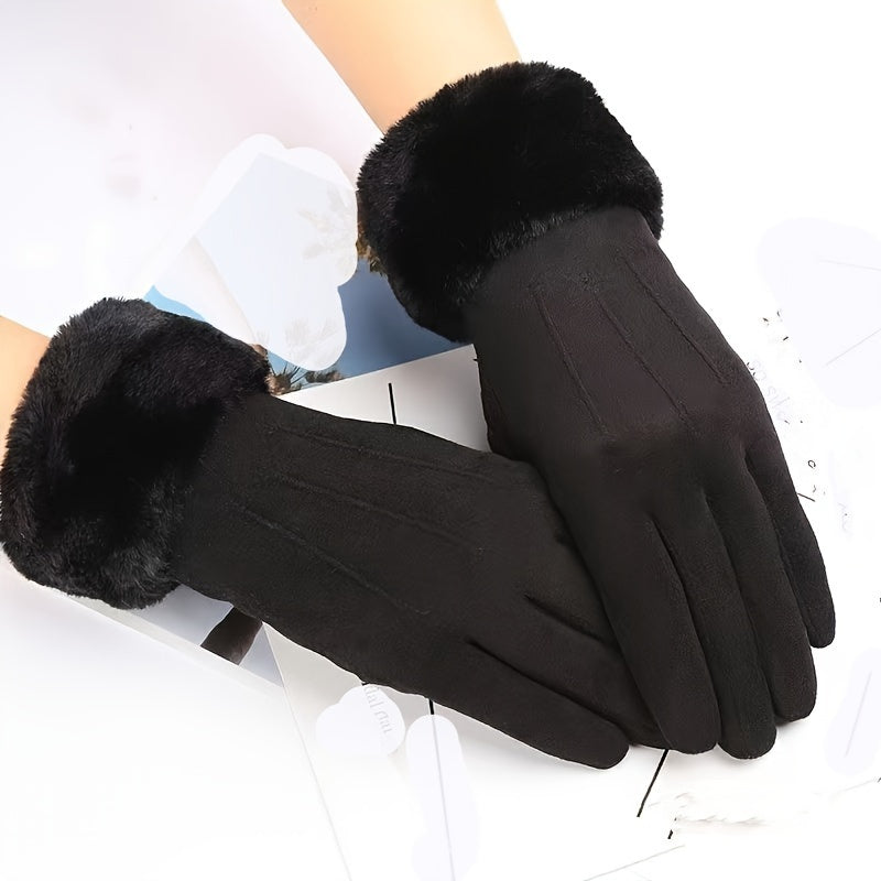 Simple Plush Cuff Suede Gloves Solid Color Plus Velvet Thickened Warm Gloves Women's Autumn Winter Windproof Coldproof Gloves