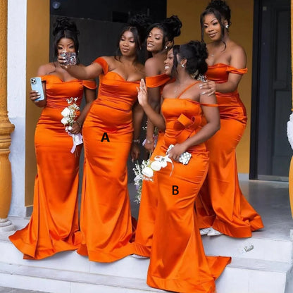 South African Orange Junior Bridesmaid Dresses Mermaid Elastic Satin Sweep Train Maid of Honor Dresses Bride Gowns for Nigeria Black Women Girls Marriage BR117