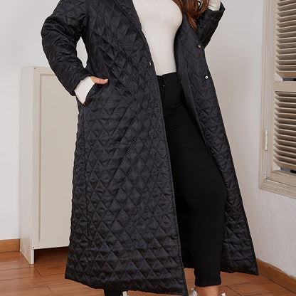 Plus Size Womens Charming Quilted Puffer Coat - Stylish Lapel Collar & Longline Design - Solid Color, Button-Up, Warm Winter Wear - Perfect for Casual Days, Sizes Above Regular