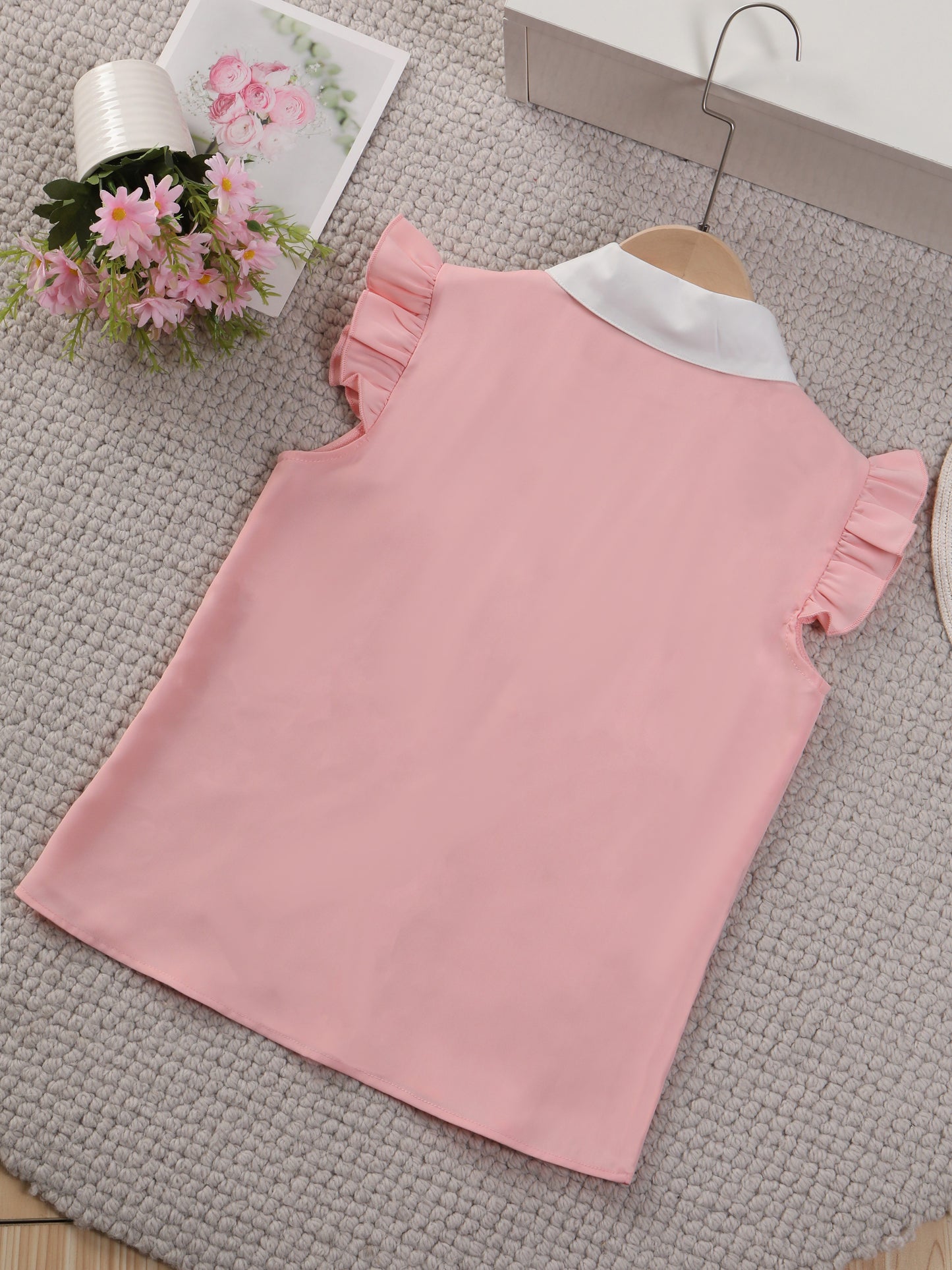 Girls Ruffle Sleeveless Contrast Collar Blouse Top For Summer