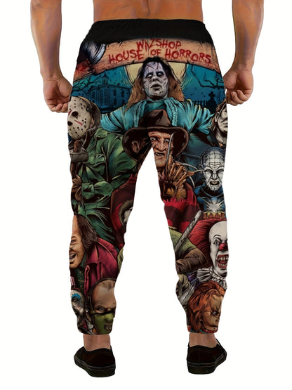 Men's Casual Horror Movie Graphic Print Trousers with Pockets, 100% Polyester Knit Fabric, Loose Fit All-Season Joggers with Slight Stretch - Regular Length