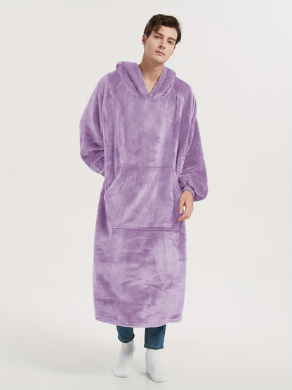 Men's Cozy Flannel Hooded Robe - Extra Long, Solid Color Lounge Wear with Pockets for Autumn & Winter, Machine Washable