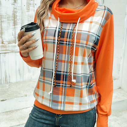 Vibrant Plaid Print Drawstring Cowl Neck Sweatshirt - Ultra-Soft and Cozy Casual Design, Long Sleeve for Added Warmth, Easy-On Pullover Style, Adjustable Drawstring Cowl Neck for Customized Fit - Perfect for Chilly Fall and Winter Days, Designed Exclusive