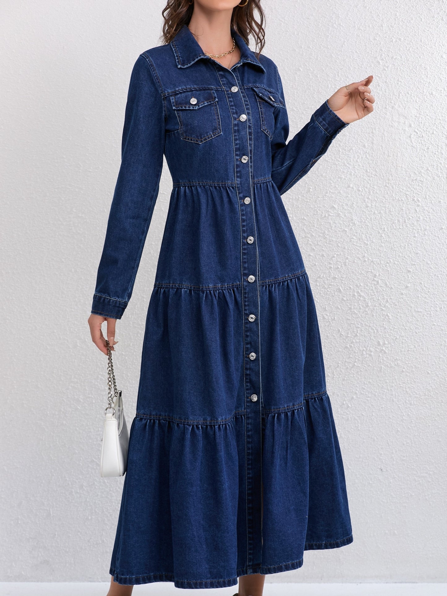 Plain Washed Blue Button Up Ruffled Long Sleeve Elegant Maxi Denim Dress, Women's Denim Jeans & Clothing