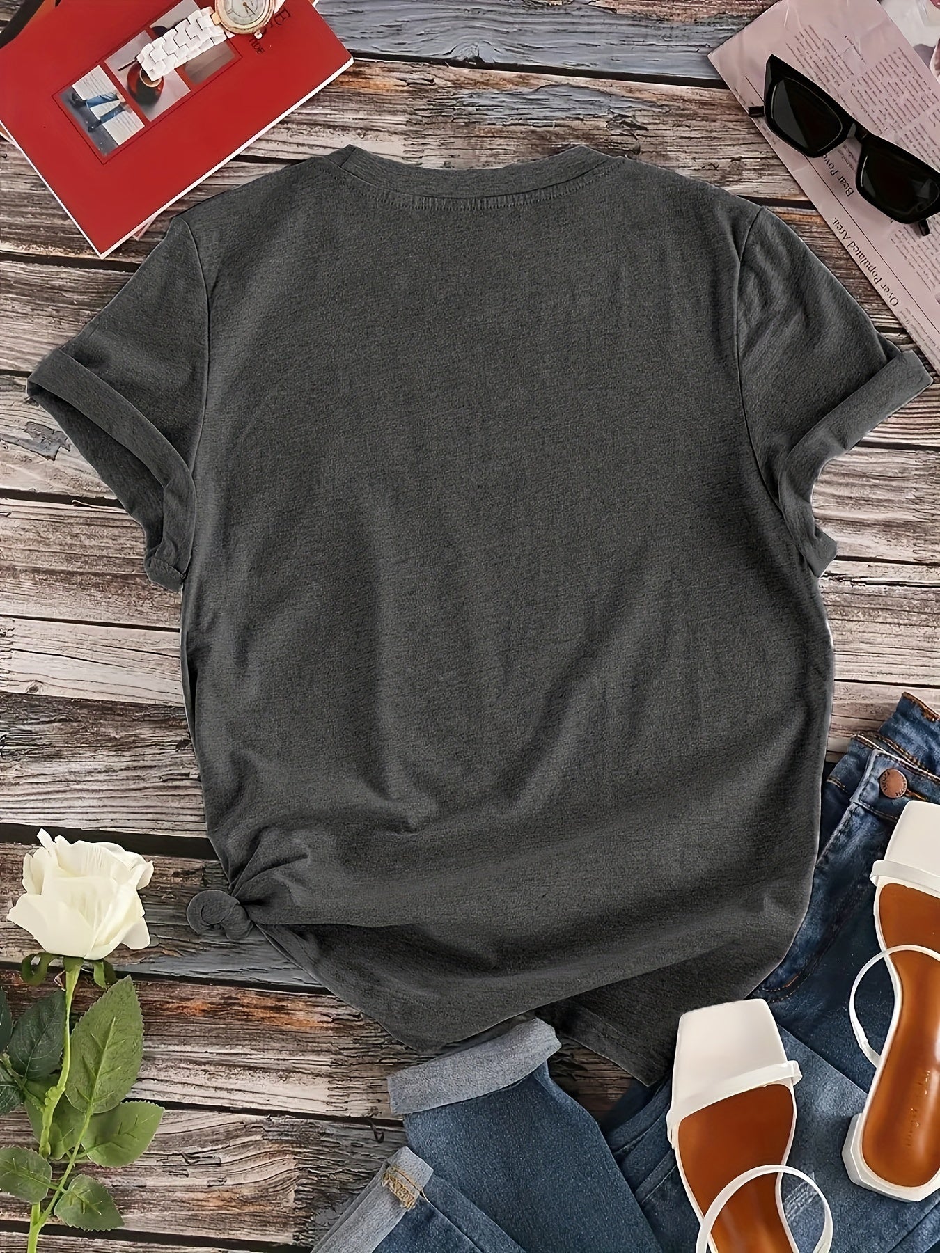 Womens Casual Short Sleeve Crew Neck Rayon T-Shirt - Soft Medium Stretch Fabric, Positioning Printing, Regular Fit, All Seasons Wear - Perfect for Spring and Summer