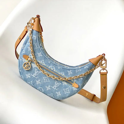 Explosion Hot Womens bags M24846 EARLY ACCESS Loop bag half-moon package Denim stylishly fresh summer fabric corners leather Sky Blue cotton lining Croissant chain