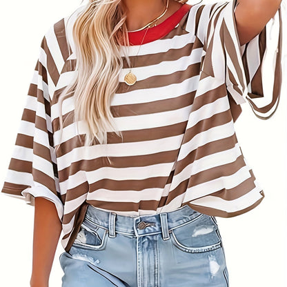 Short Sleeve Striped Raglan T-Shirt - Loose Fit, Medium Stretch, Crew Neck, Half Sleeve, Summer Fashion - Machine Washable, Polyester Knit Fabric, Y2K Style, Random Printing