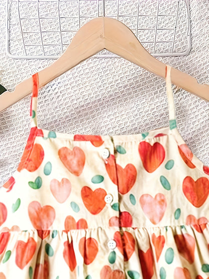 Girls' Summer 100% Cotton Love Heart Print, Cute Sleeveless Top With Button Detail And Adjustable Straps