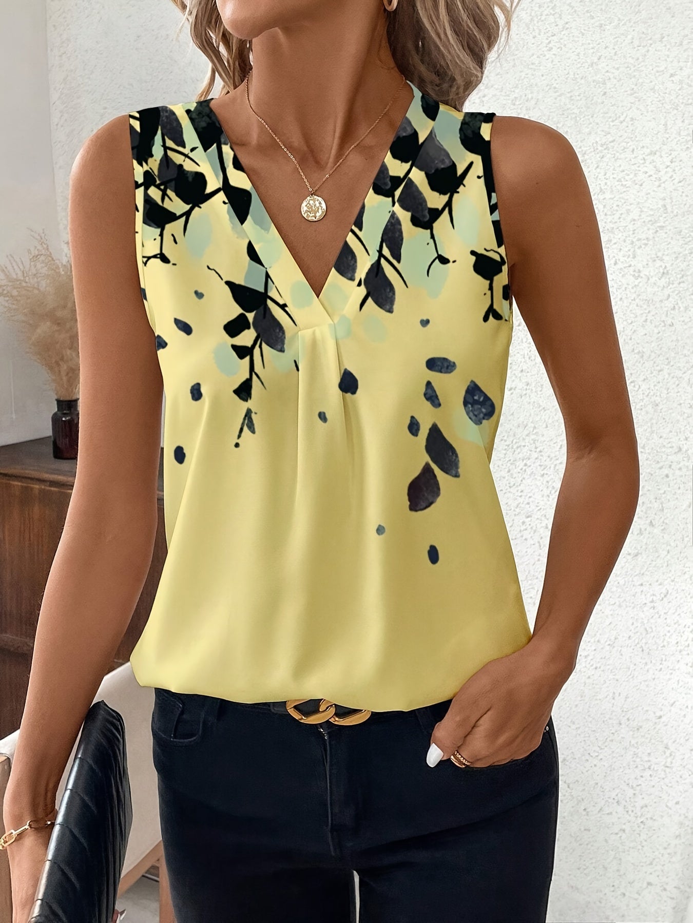 Plant Print V Neck Tank Top, Casual Sleeveless Tank Top For Summer, Women's Clothing