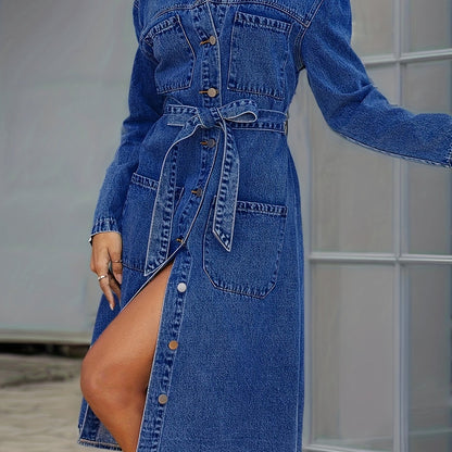 Trendy Blue Denim Dress with Full-Length Sleeves, Fashion-Forward Lapel, Pockets & Waistband - A Chic Single Breasted Button-down Style for Women